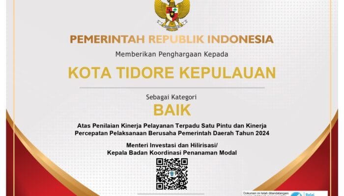 DPMPTSP Kota Tidore Sabet Penghargaan atas Kinerja Kategori Baik dari Kementerian Investasi dan Hilirisasi/BKPM